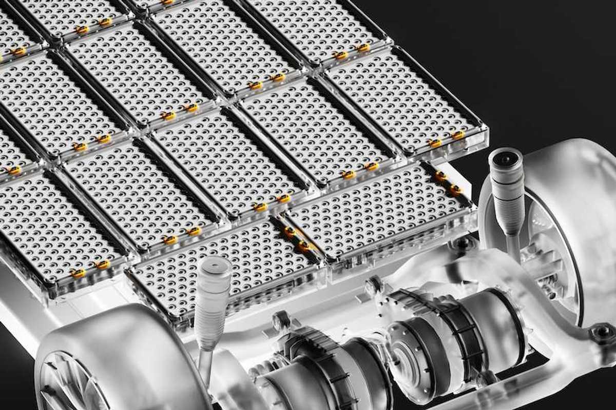 3D illustration of an underlying EV automotive battery pack and drive train