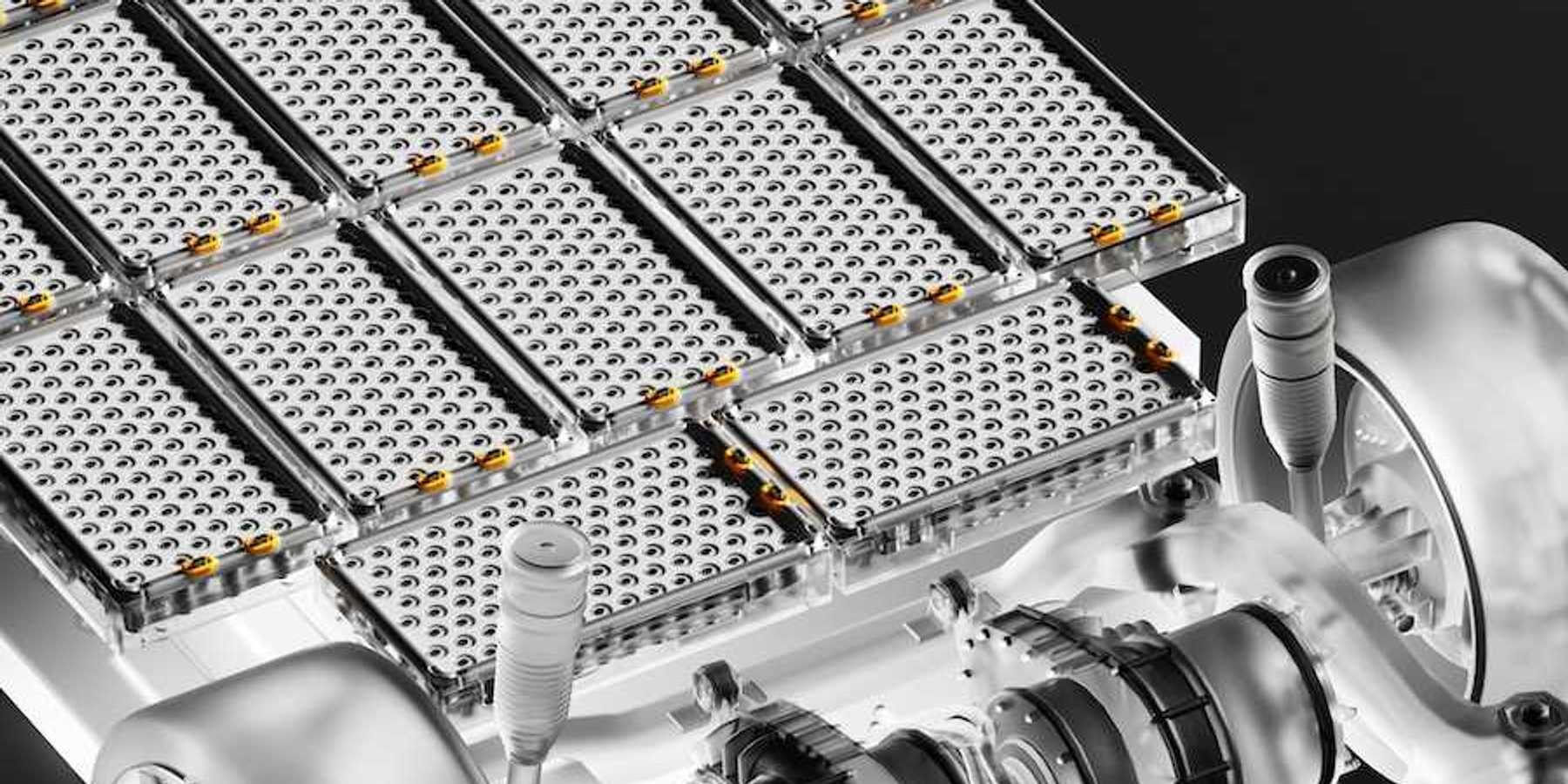 3D illustration of an underlying EV automotive battery pack and drive train