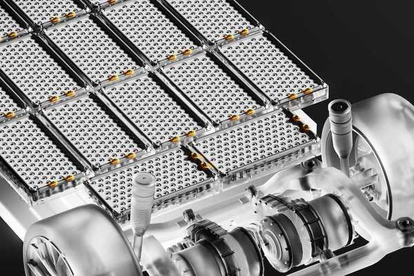 3D illustration of an underlying EV automotive battery pack and drive train