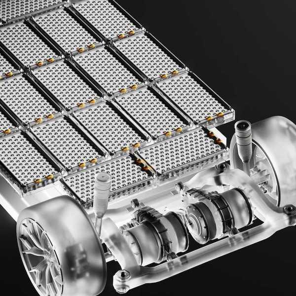 3D illustration of an underlying EV automotive battery pack and drive train
