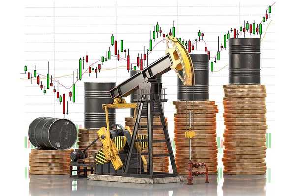 3D illustration of oil barrels on stacks of golden coins and oil pump jack with market price chart. Growth of oil stock prices and extraction of oil concept.