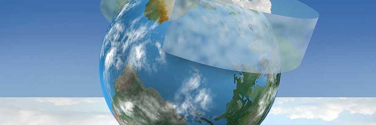 3D illustration of planet Earth with climate control geoengineering technology employed for filtering sunlight.