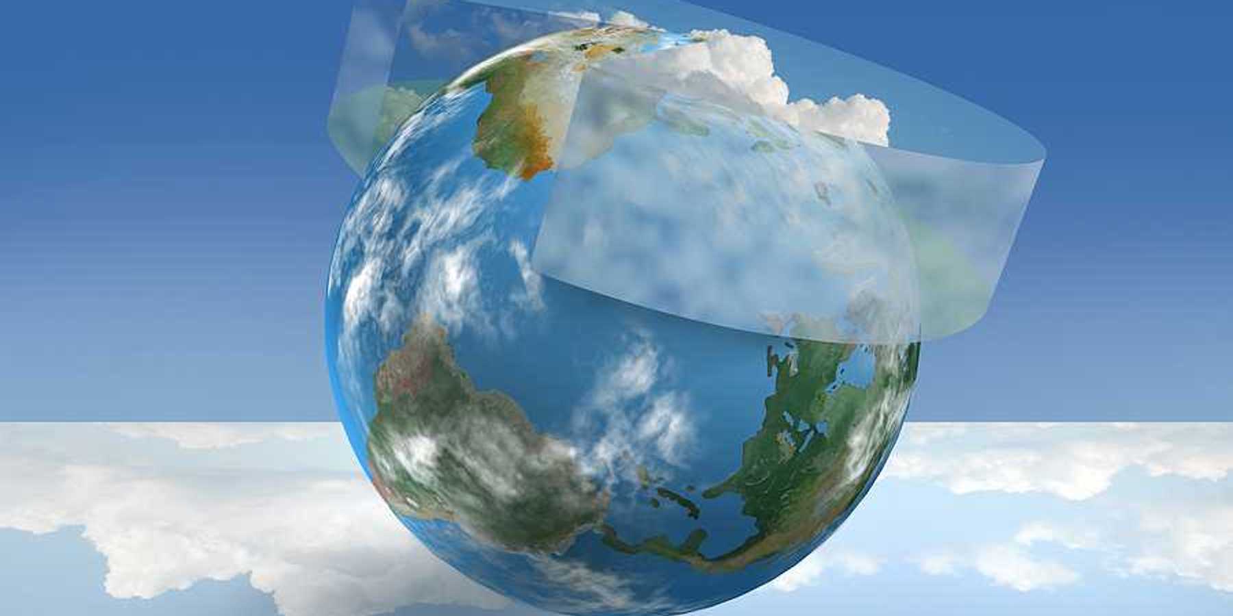 3D illustration of planet Earth with climate control geoengineering technology employed for filtering sunlight.