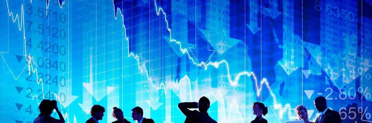 3D rendering of financial professionals reacting to looming background of a falling stock market indicators.