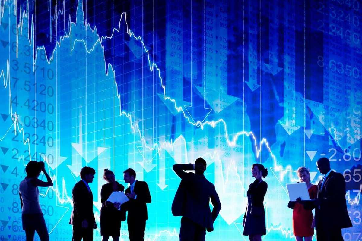 3D rendering of financial professionals reacting to looming background of a falling stock market indicators.