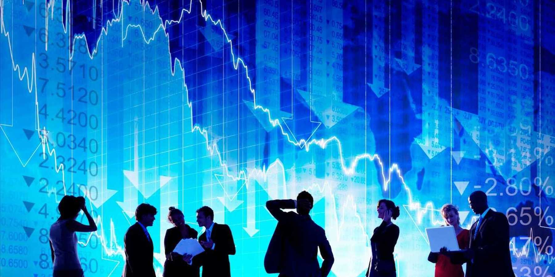 3D rendering of financial professionals reacting to looming background of a falling stock market indicators.