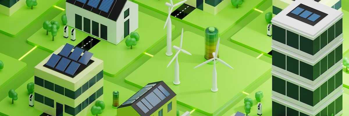 3D rendering of interconnected community employing solar panels, wind energy, EV car chargers, heat pumps, and other energy efficiency tools.