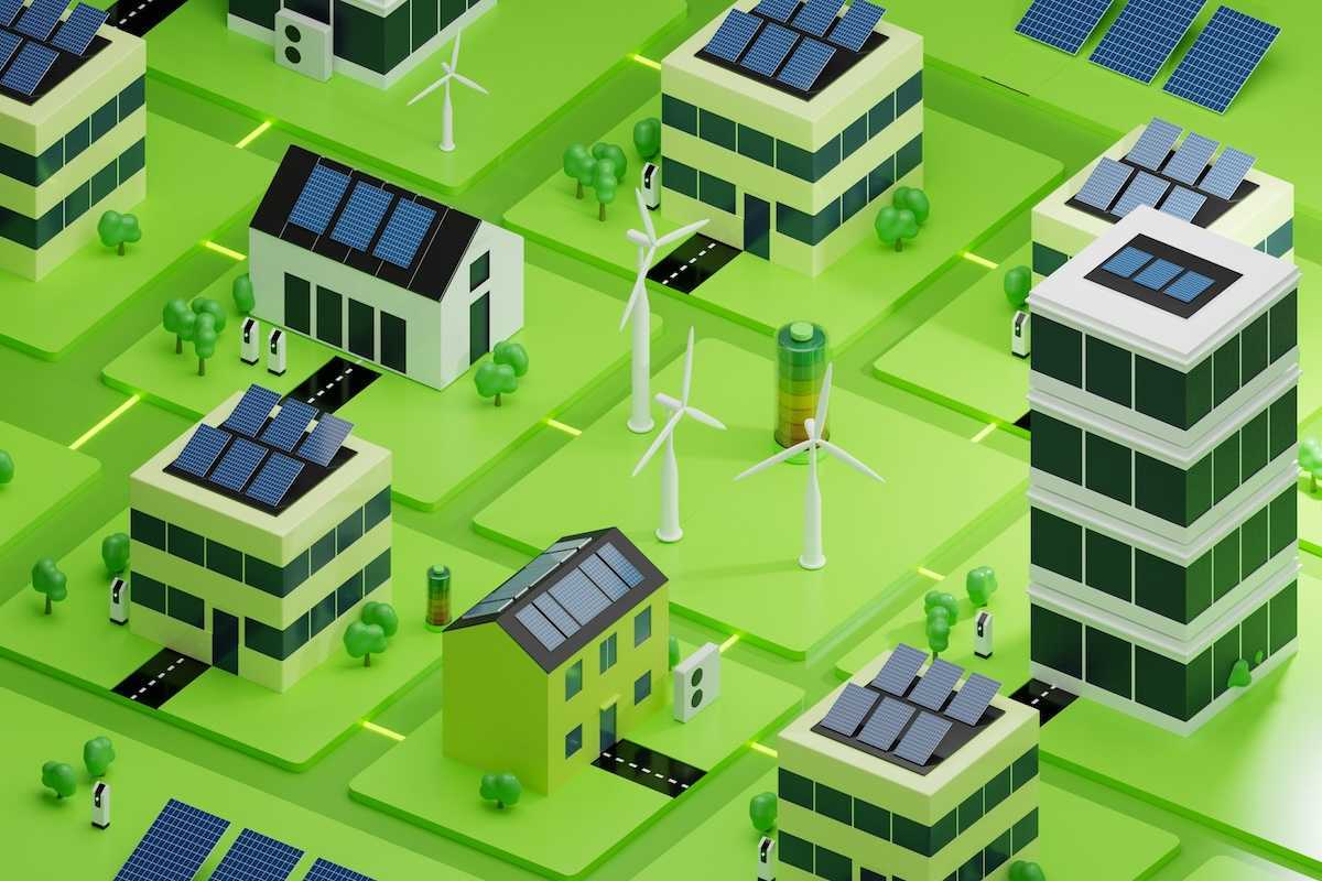 3D rendering of interconnected community employing solar panels, wind energy, EV car chargers, heat pumps, and other energy efficiency tools.