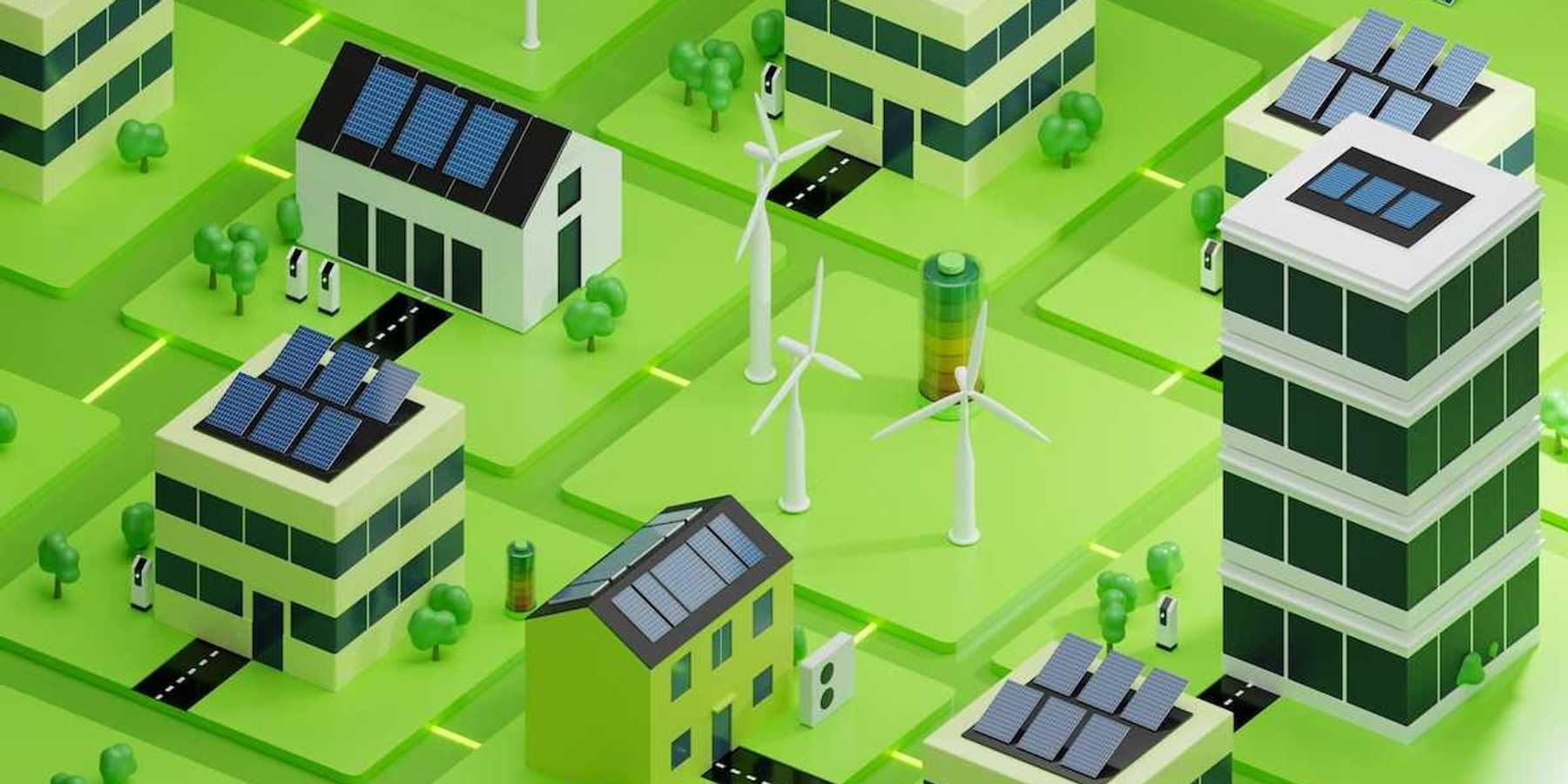 3D rendering of interconnected community employing solar panels, wind energy, EV car chargers, heat pumps, and other energy efficiency tools.