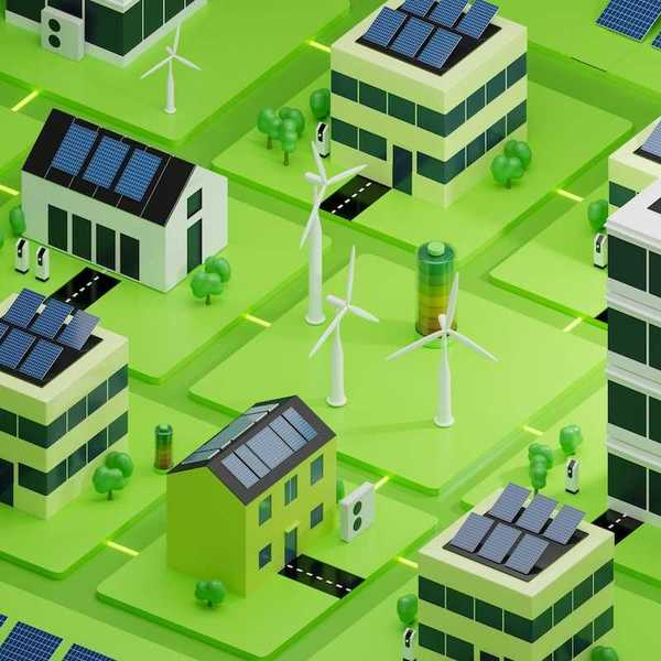 3D rendering of interconnected community employing solar panels, wind energy, EV car chargers, heat pumps, and other energy efficiency tools.