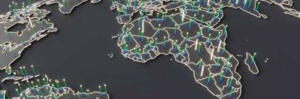 3D world map with glowing data points