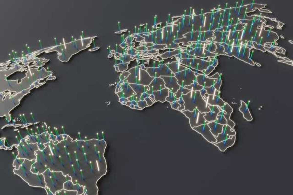 3D world map with glowing data points