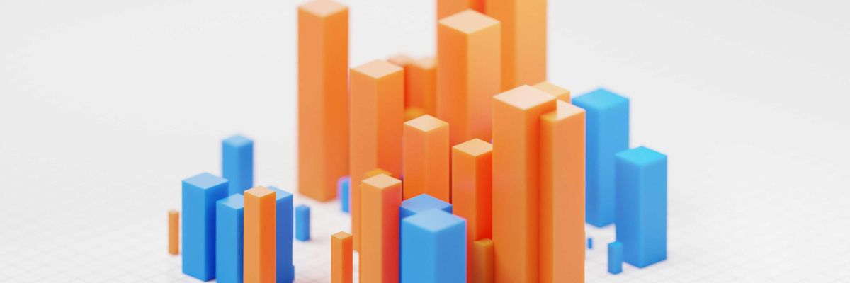 A 3D illustration of a bar chart with orange and blue bars