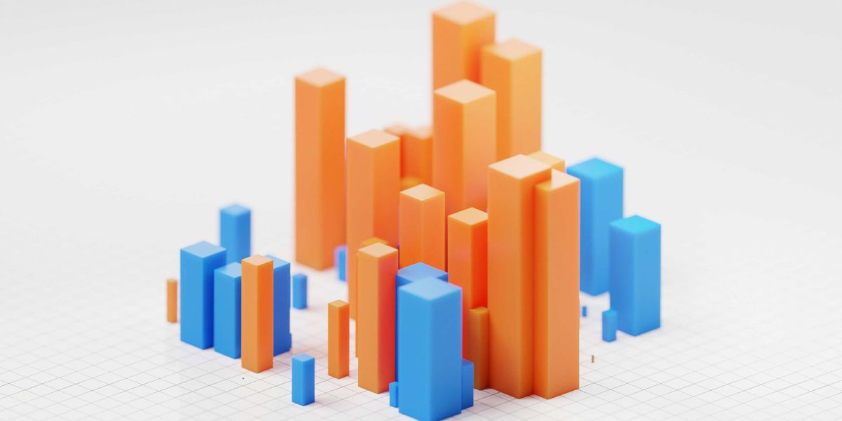 A 3D illustration of a bar chart with orange and blue bars