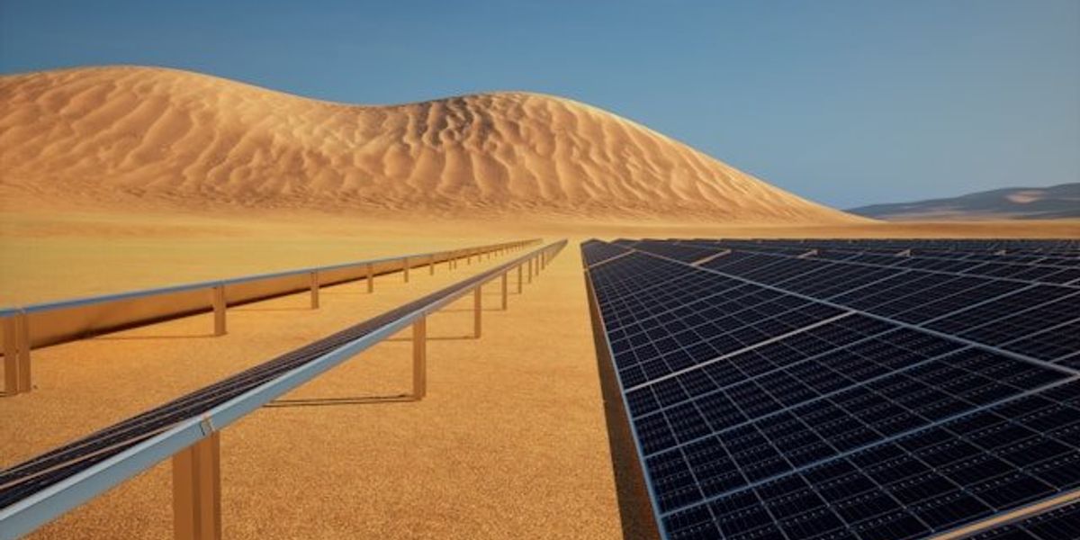A barren desert environment with long rows of solar panels and golden sand dunes in distance.