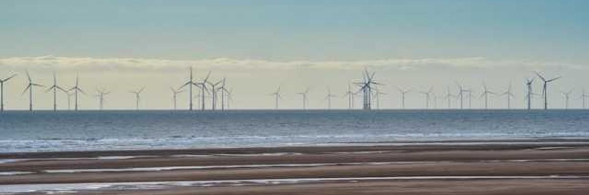 A beach with rows of offshore wind turbines in the distance