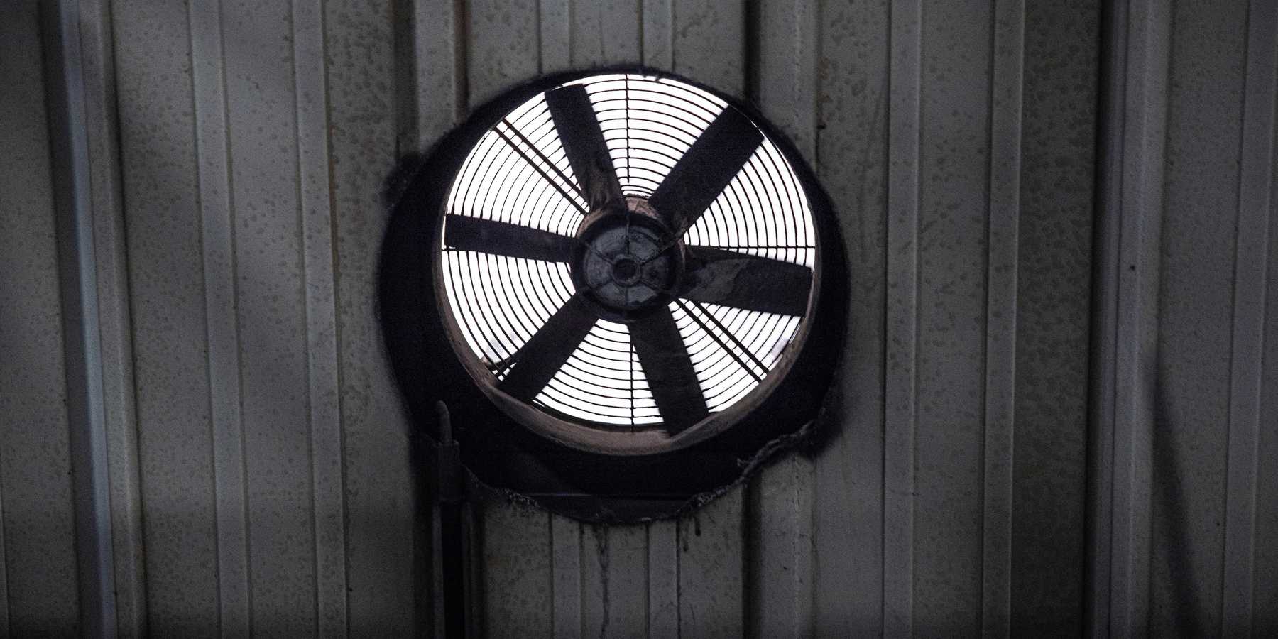 A black and white photo of a circular fan in a wall