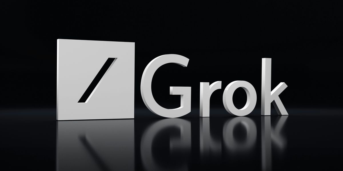 a black and white photo of the word grok with a square logo next to it.