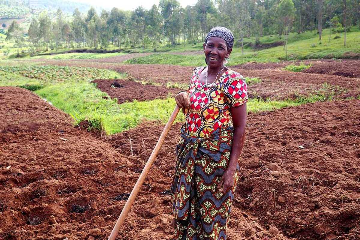 A black woman farmer standing in her fields in Rwanda