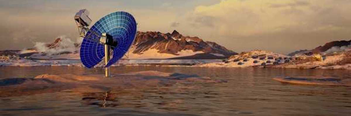 A blue satellite dish in a snowy landscape pointed at the sky