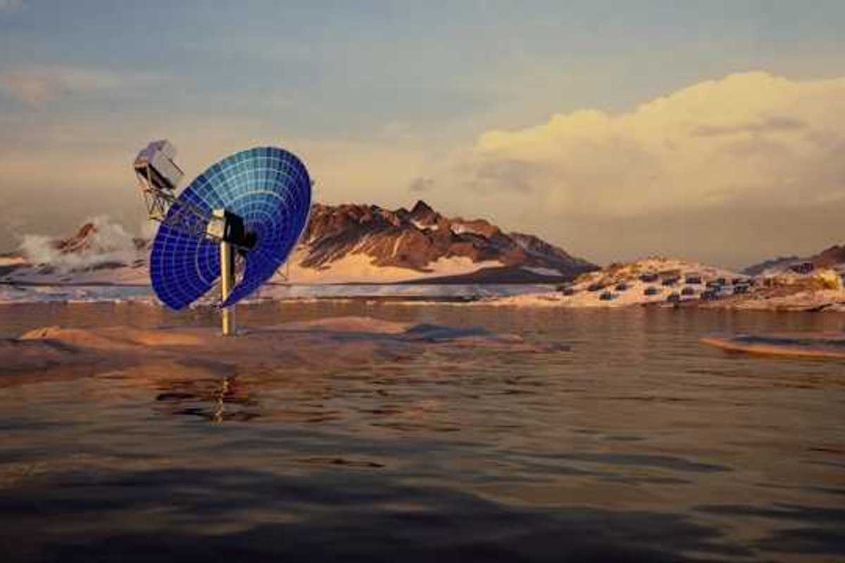 A blue satellite dish in a snowy landscape pointed at the sky