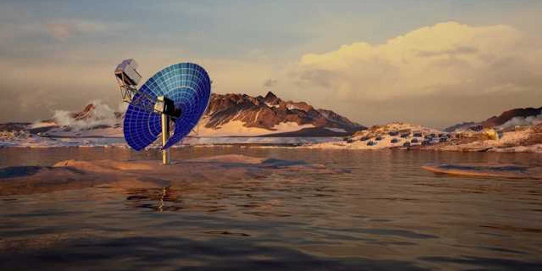 A blue satellite dish in a snowy landscape pointed at the sky