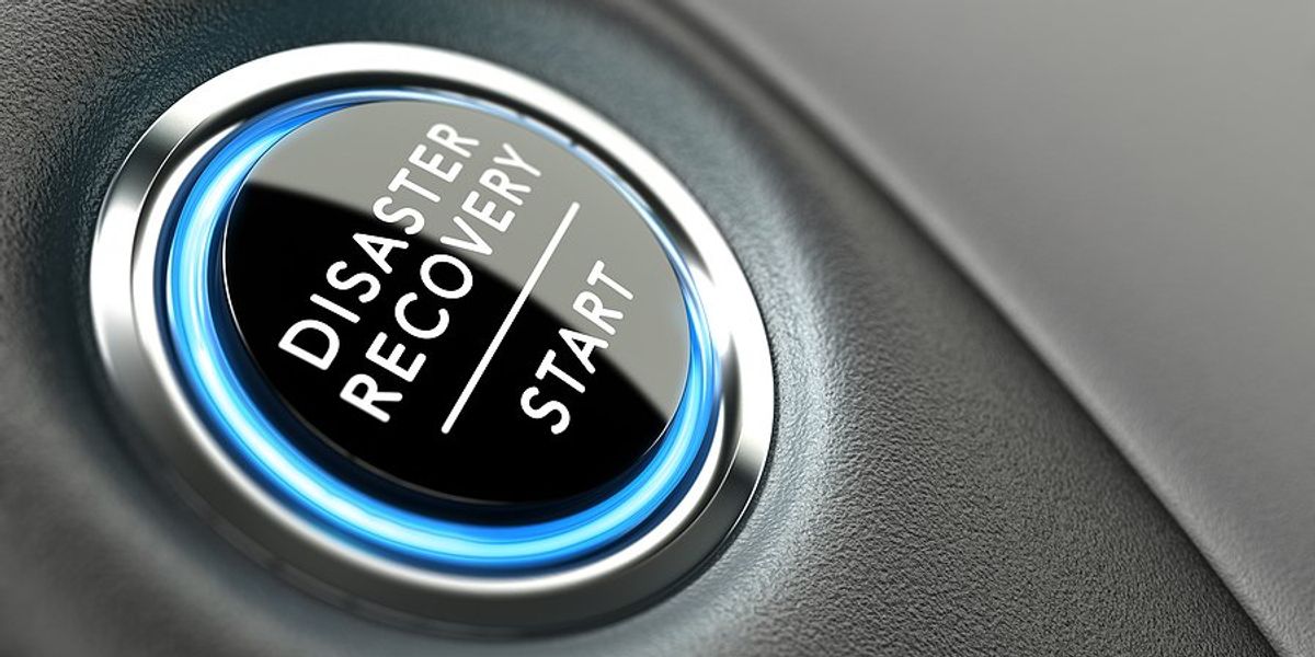 A car start button with the words 'Disaster Recovery: Start'