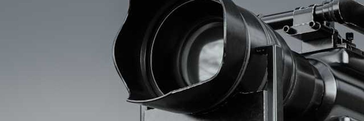 A closeup of a black camera