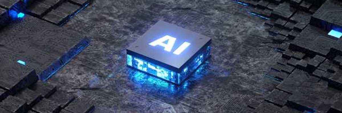 A closeup of a computer mother board with a blue and black square with the letters AI on it