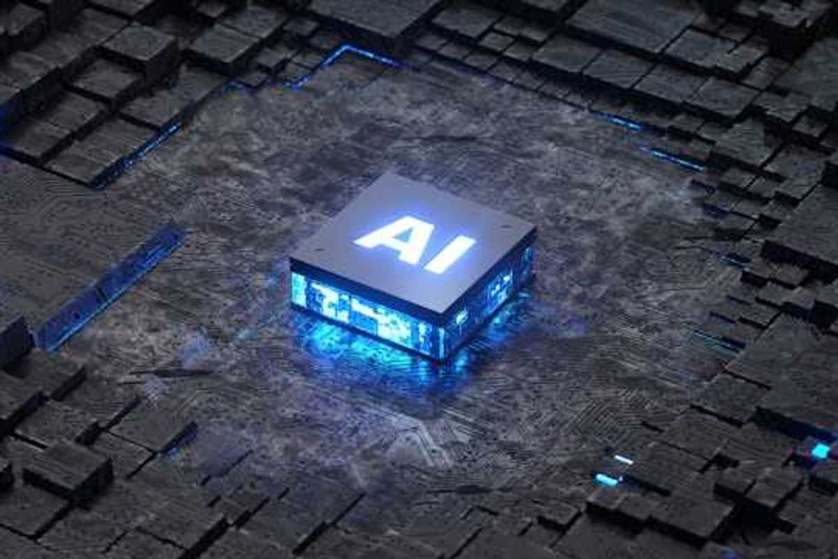 A closeup of a computer mother board with a blue and black square with the letters AI on it