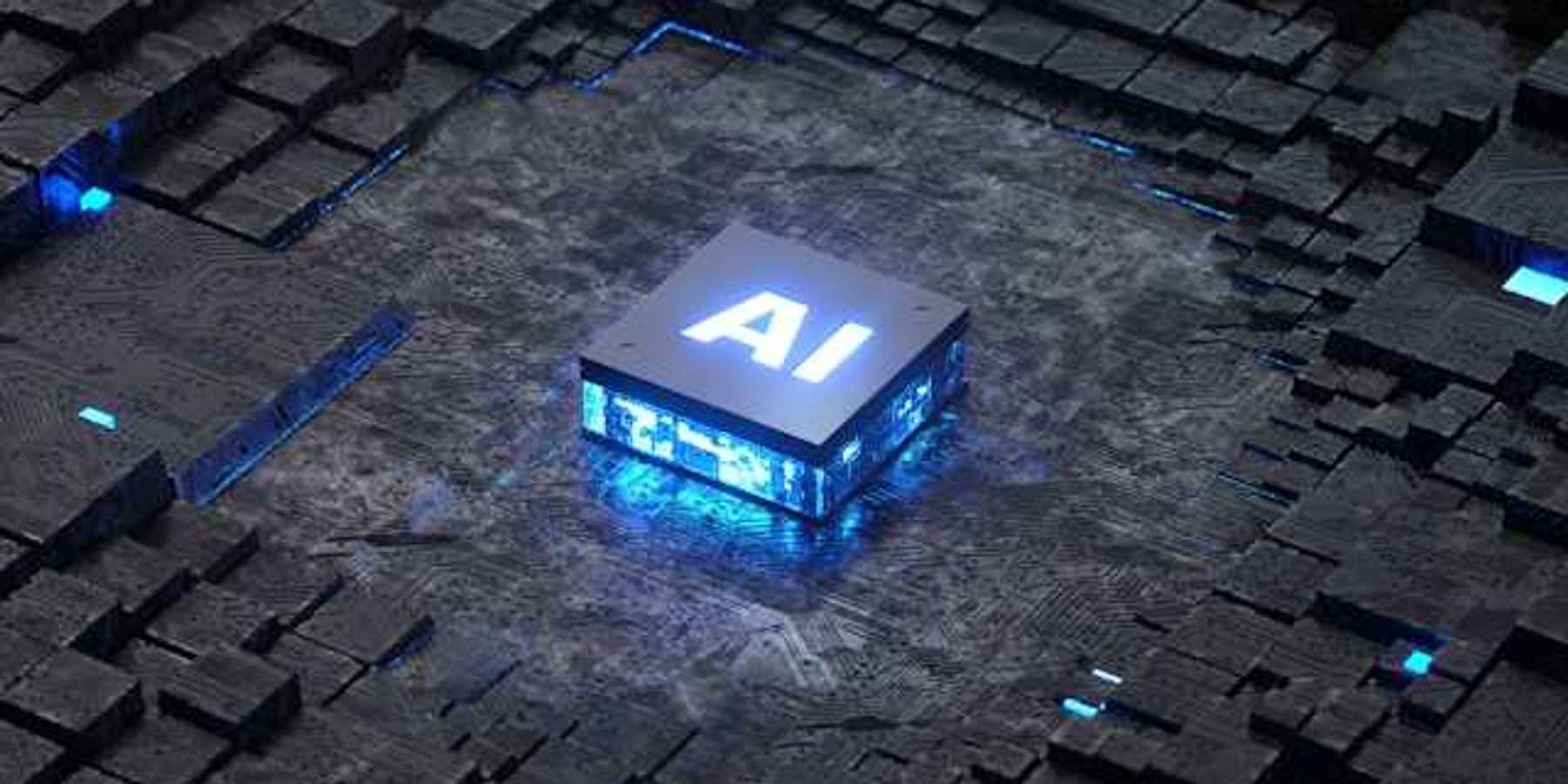 A closeup of a computer mother board with a blue and black square with the letters AI on it