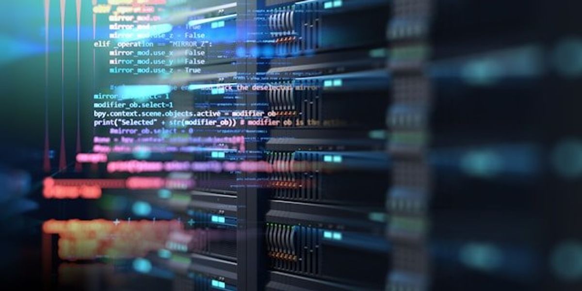A closeup of a data server with code overlaid on the photo.