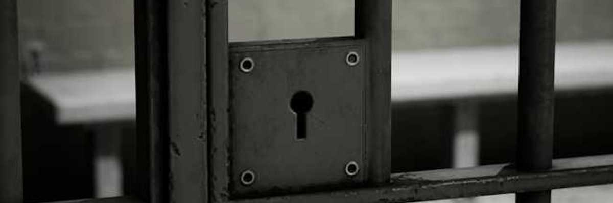 A closeup of a jail cell door with lock