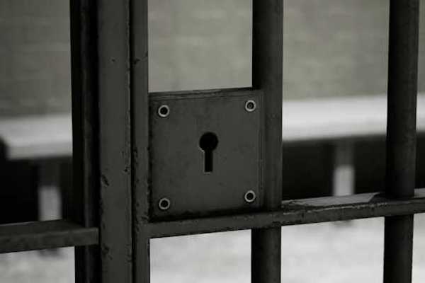 A closeup of a jail cell door with lock