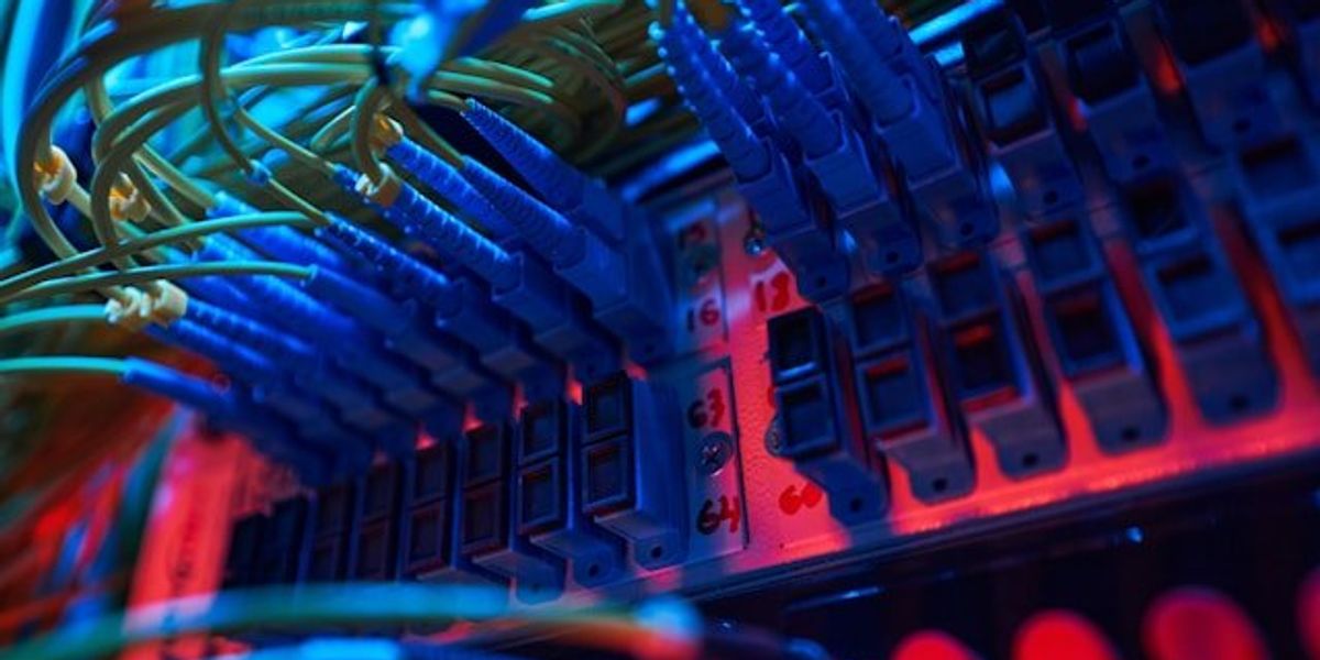 A closeup of wires and cables connecting a data server.
