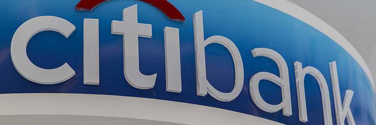 A closeup view of a citibank sign in red, white and blue
