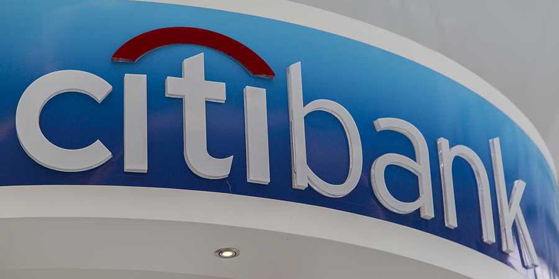A closeup view of a citibank sign in red, white and blue