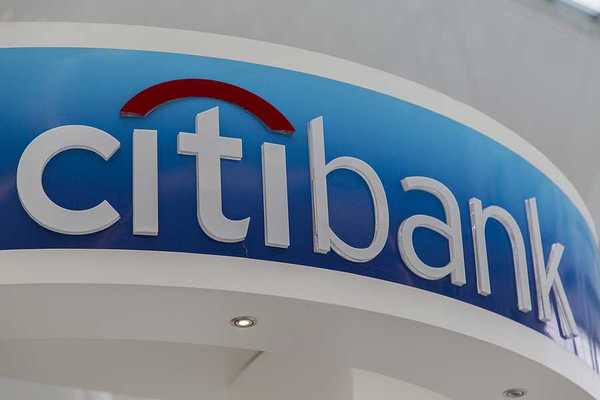 A closeup view of a citibank sign in red, white and blue