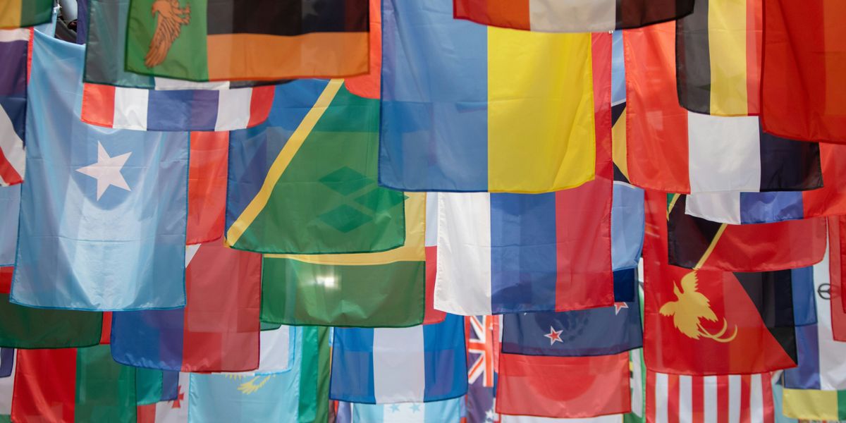 A colorful variety of national flags hanging from a ceiling.