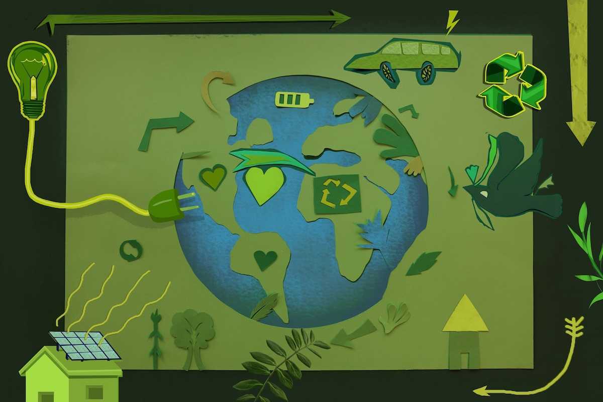 A depiction of a greener planet, green energy, and green solutions for the planet.