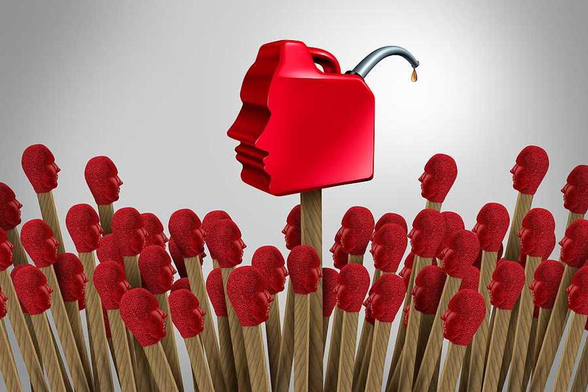 A digital image of a red gas can pouring fuel on matchsticks