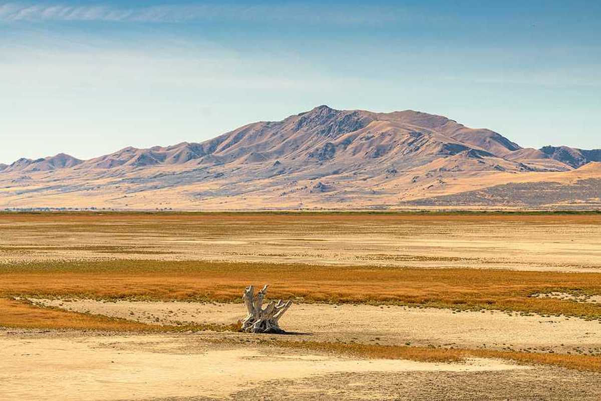 A dry section of the Great Salt Lake with mountains in the background