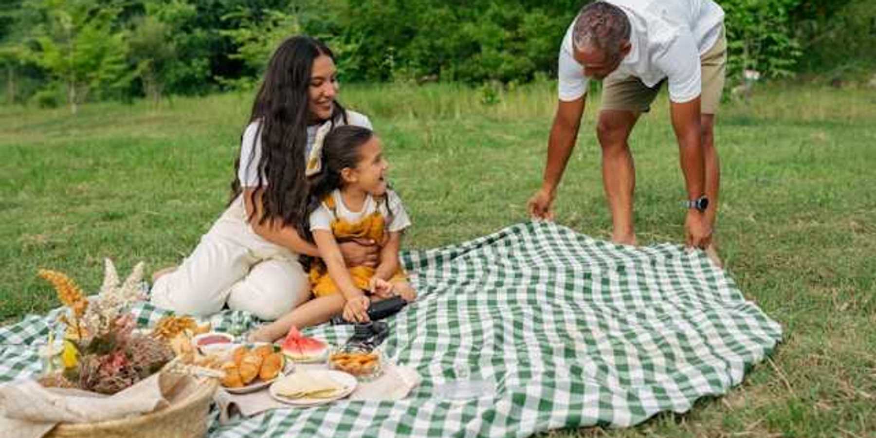A family having a picnic in a greenfield