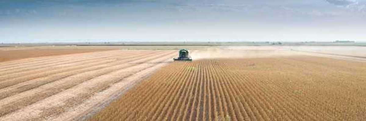 A farm tractor driving across a dry field