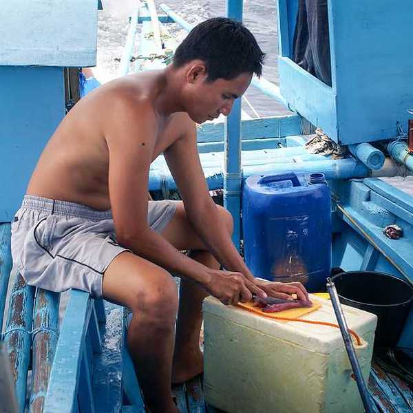 A filipino fisherman filleting a fish on his boat