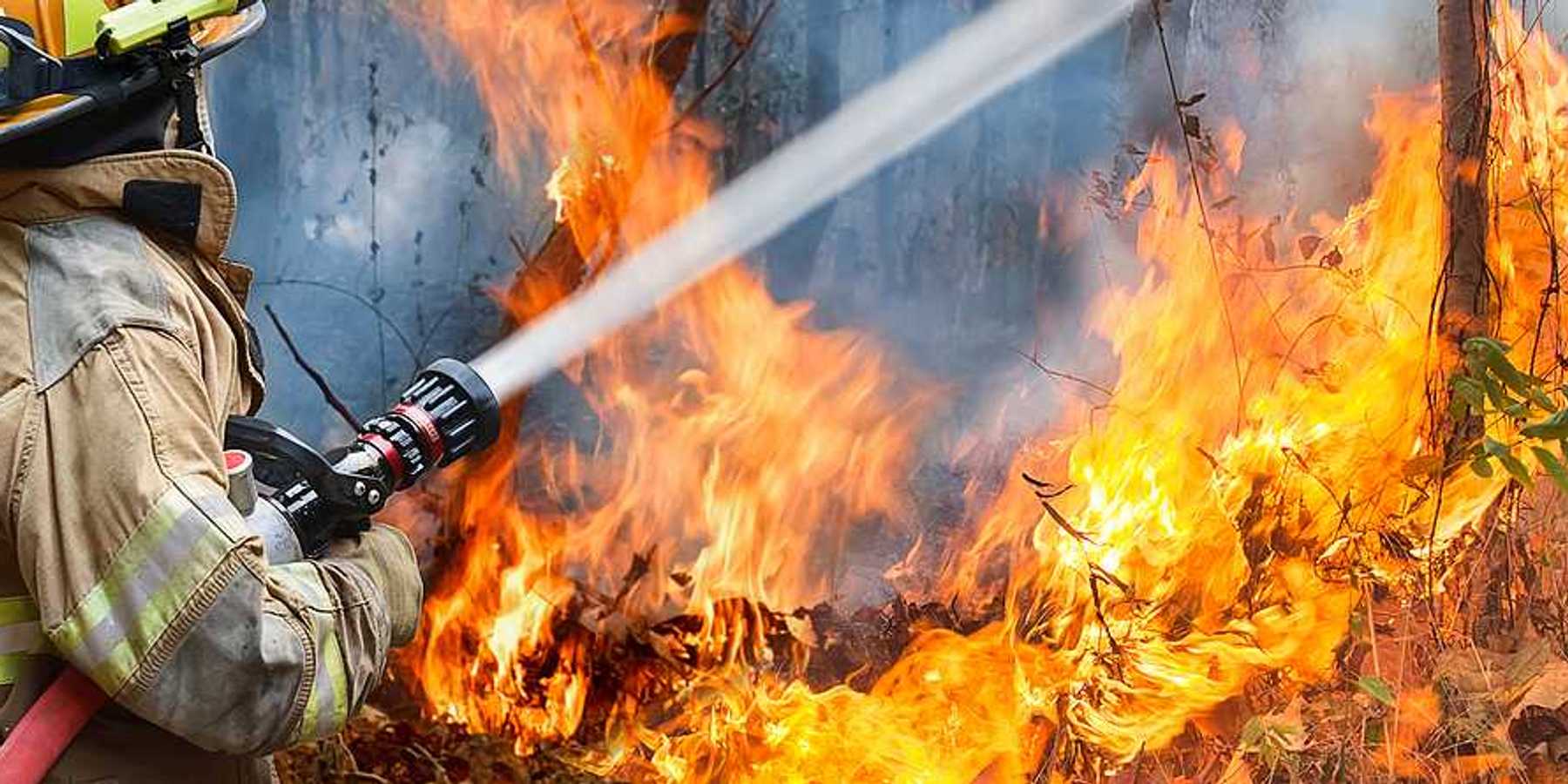 A firefighter training a water hose on a wildfire