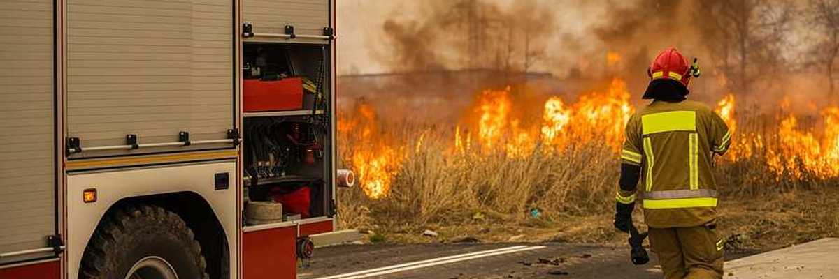 A fireman walking away from a firetruck toward a grass fire