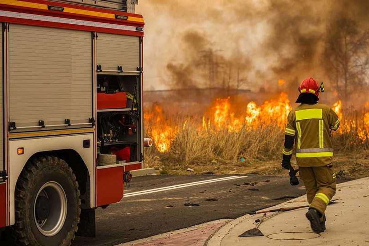A fireman walking away from a firetruck toward a grass fire