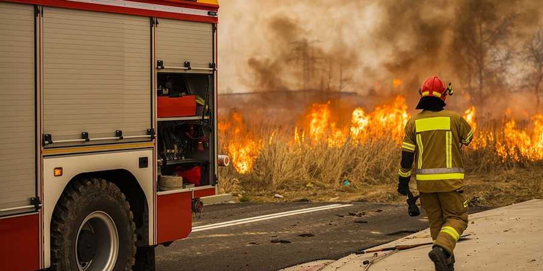 A fireman walking away from a firetruck toward a grass fire