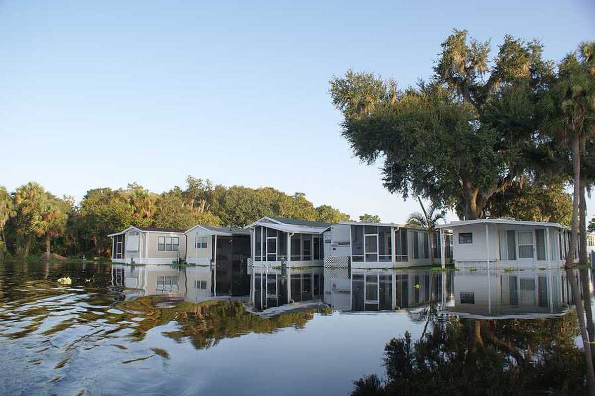 A flooded mobile home park